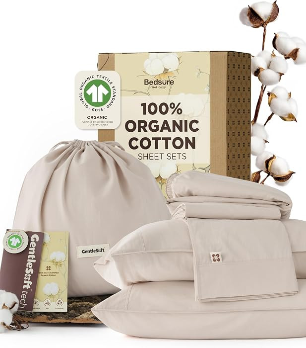 Bedsure 100% Organic Cotton Sheets, GOTS Certified Queen Sheet Set, Eco-Friendly, Soft, & Durable... | Amazon (US)