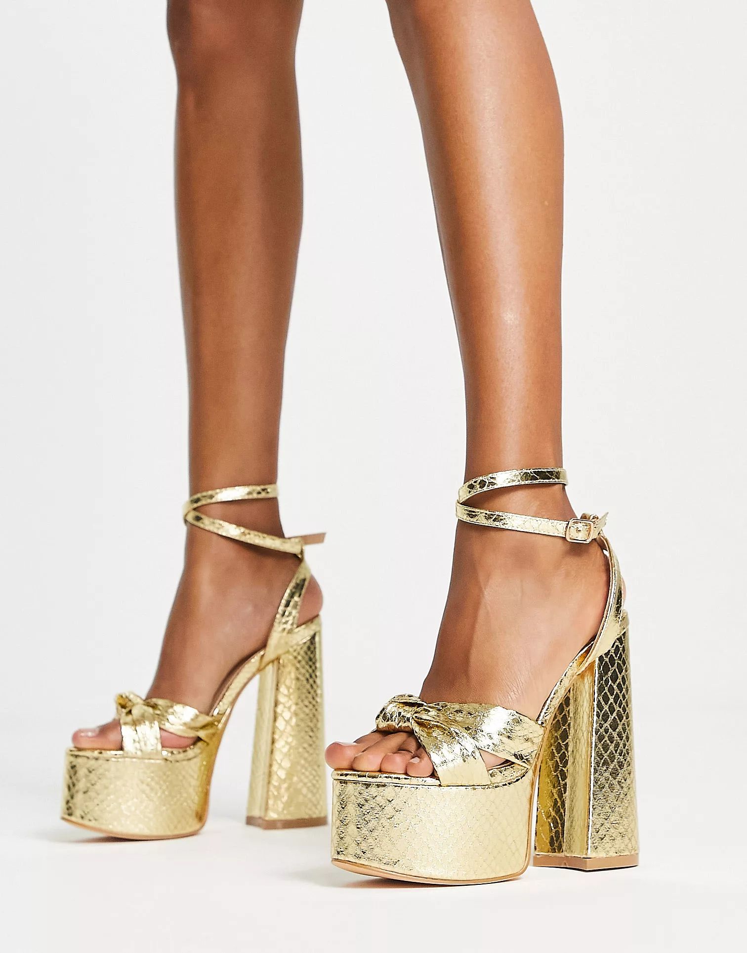Glamorous platform heel sandals in gold snake | ASOS (Global)