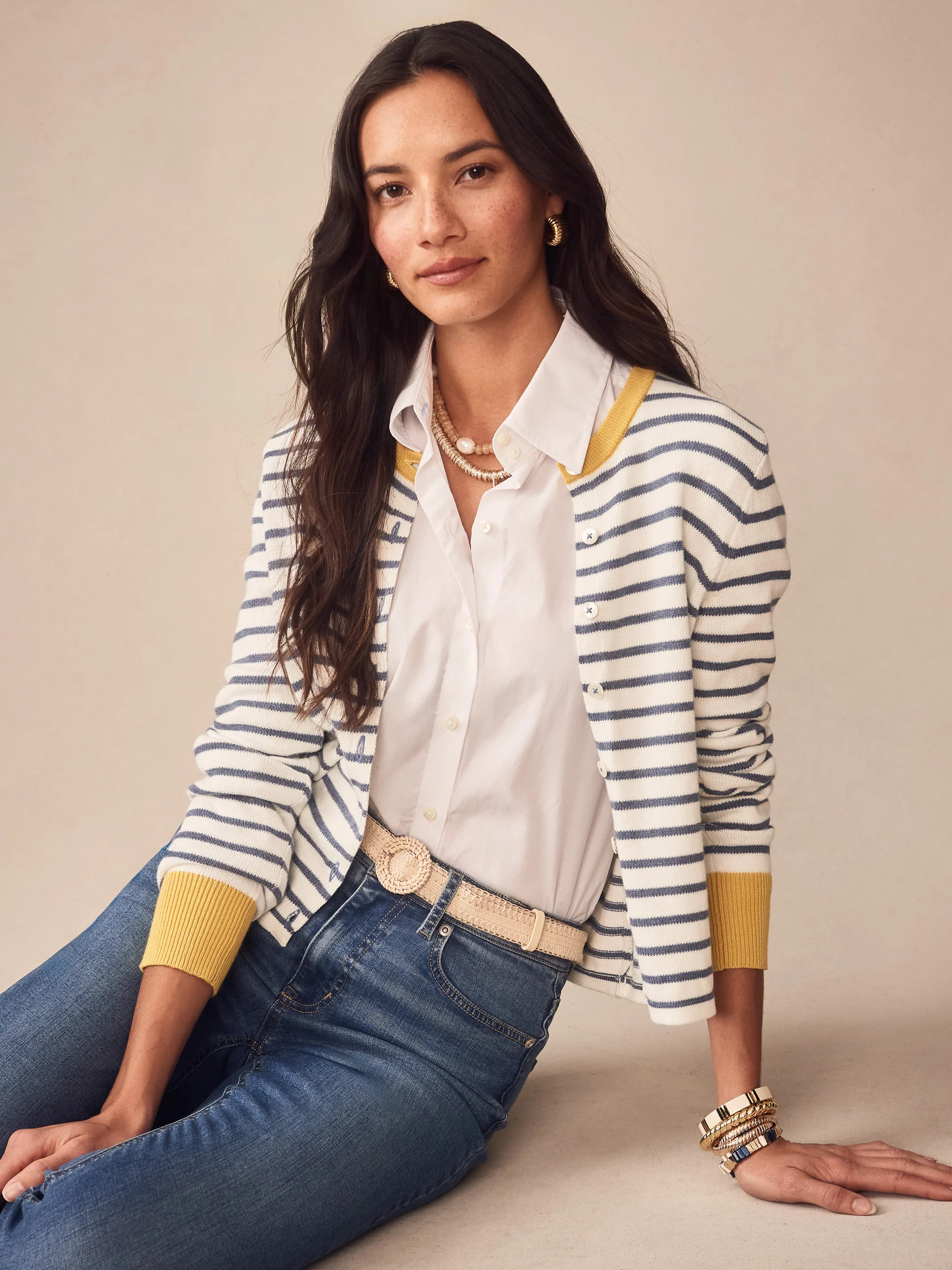 Off_White/Denim Stripe Matilda Cardigan | Women's Sweaters | J.McLaughlin | J.McLaughlin