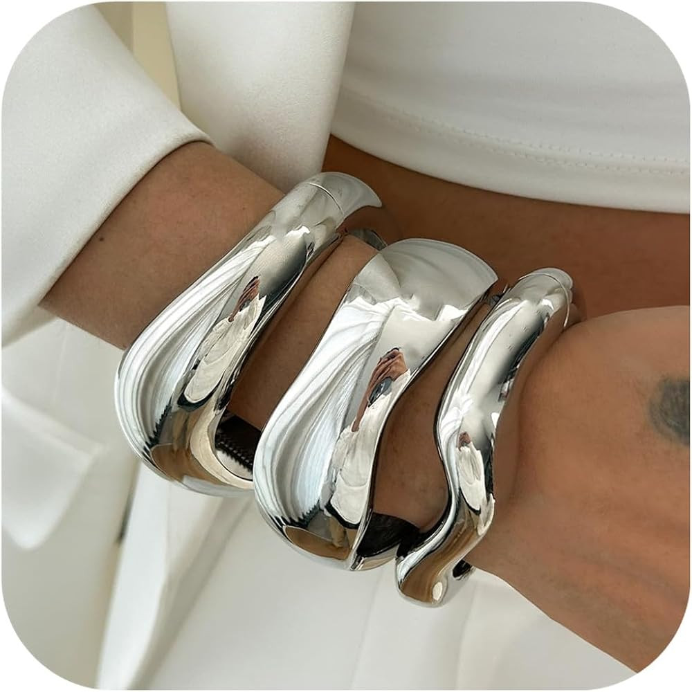 Gold Bangle Bracelets for Women Trendy Chunky Wide Cuff Stackable Bangles Irregular Minimalist Je... | Amazon (US)