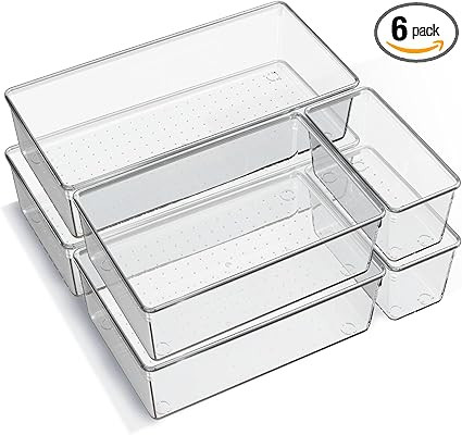 6 Pack Large Clear Plastic Drawer Organizer Trays, Acrylic Kitchen Drawer Organization and Storag... | Amazon (US)