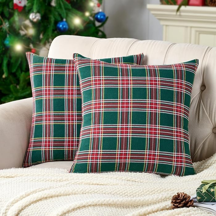Vintage Green Tartan Plaid Christmas Decorative Throw Pillow Covers 20x20 Set of 2, Rustic Christ... | Amazon (US)