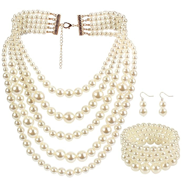LuckyHouse Women 5 Layer Multicolor Strand Faux Pearl Cluster Collar Bib Necklace and Bracelet Ea... | Amazon (US)