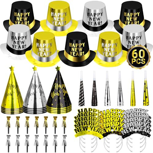 Traplace 60PCS New Years Eve Party Favors, 30 People New Years Party Hats, Happy Eve Accessories Gold Silver Black, Cardboard Cone Hat Top Party Horn Blowers Tiara Supplies Decorations | Amazon (US)
