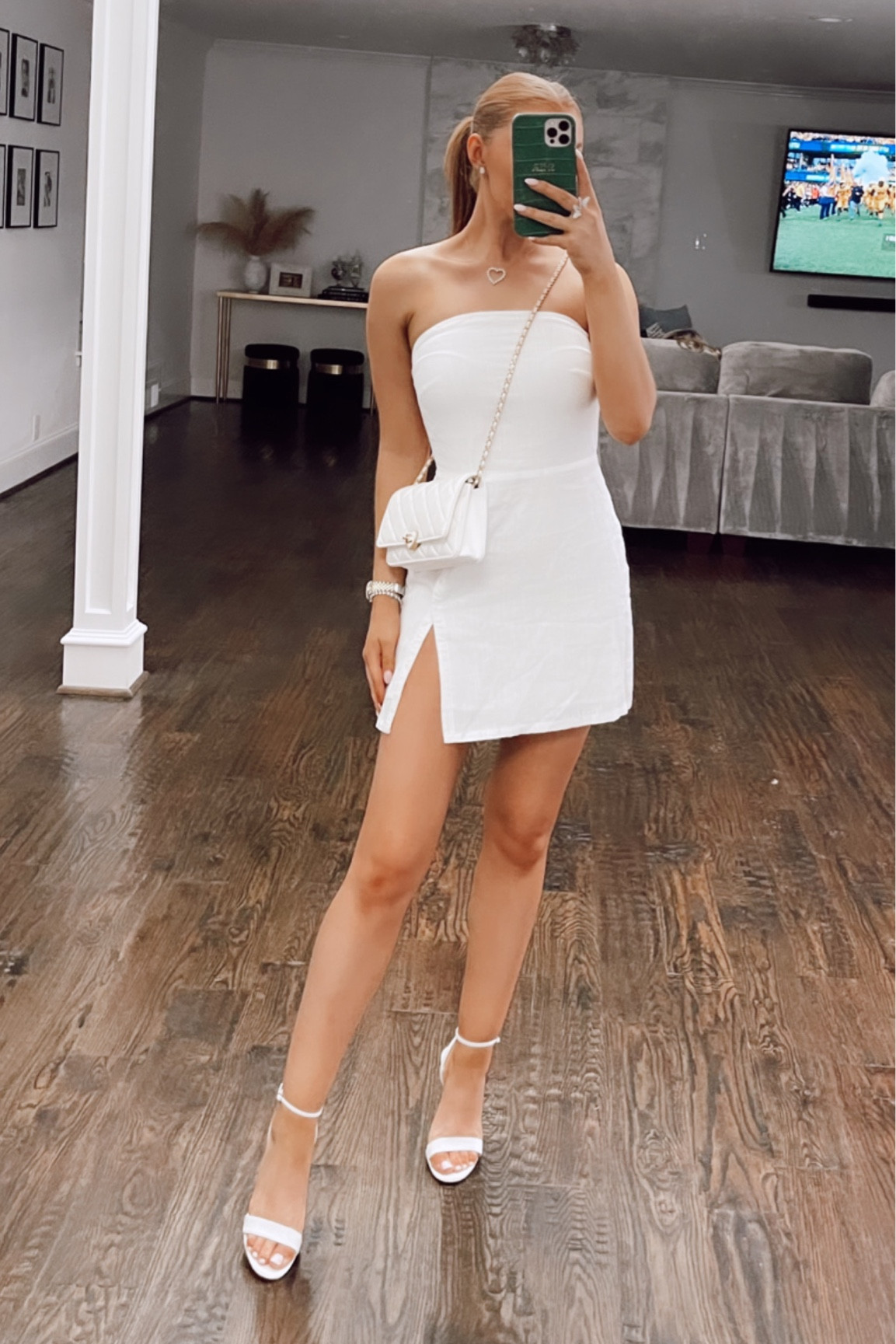 Outfit of the night! I safety pinned the slit up 🤍 date night outfit. Girls night outfit. White dress. White heels. Gameday outfit. Summer dress. White after Labor Day  

#LTKstyletip #LTKfindsunder100 #LTKshoecrush