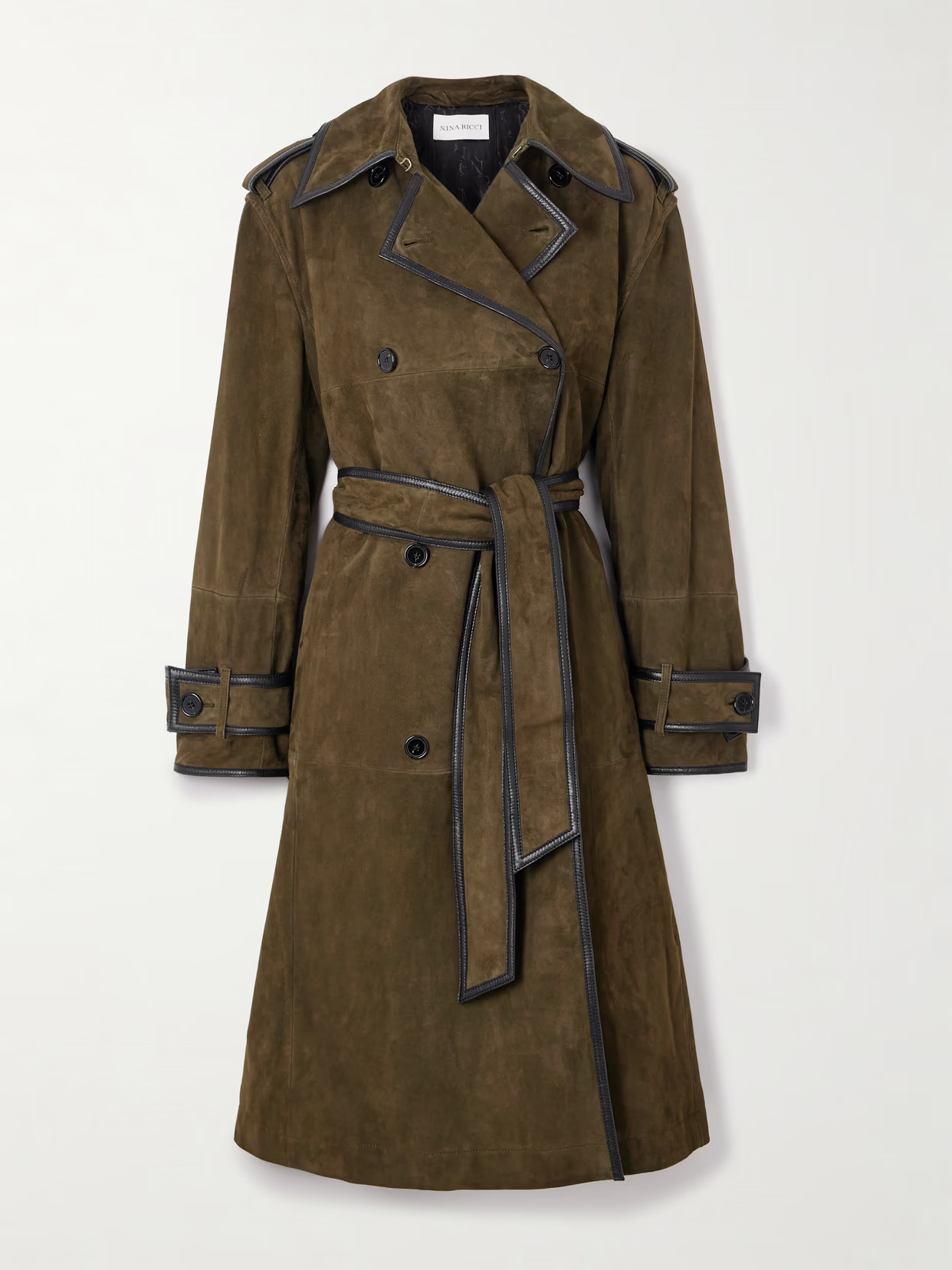 NINA RICCI - Double-breasted Belted Velvet And Leather-trimmed Suede Coat - Brown | NET-A-PORTER (US)