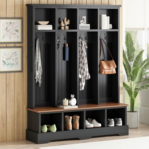 Merax Farmhouse Hall Tree with Bench and Shoe Storage, 59" Entryway Bench with Coat Rack, 3-in-1 Hall Tree with Top Compartments and 8 Hooks for Hallway, Living Room, Black | Amazon (US)