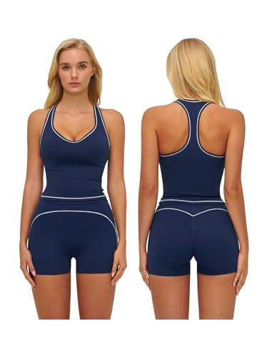Two Piece Workout Sets for Women Color Block Racerback Crop Tank Tops Matching High Waist Booty Lifting Biker Shorts 2 Piece Gym Yoga Active Wear Outfits Womens Athletic Work Out Set Dark Blue M | Amazon (US)