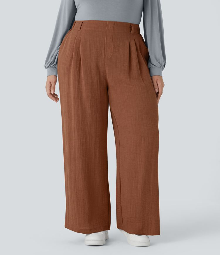 Women’s High Waisted Side Pocket Wide Leg Flowy Casual Linen-Feel Plus Size Pants - Halara | HALARA