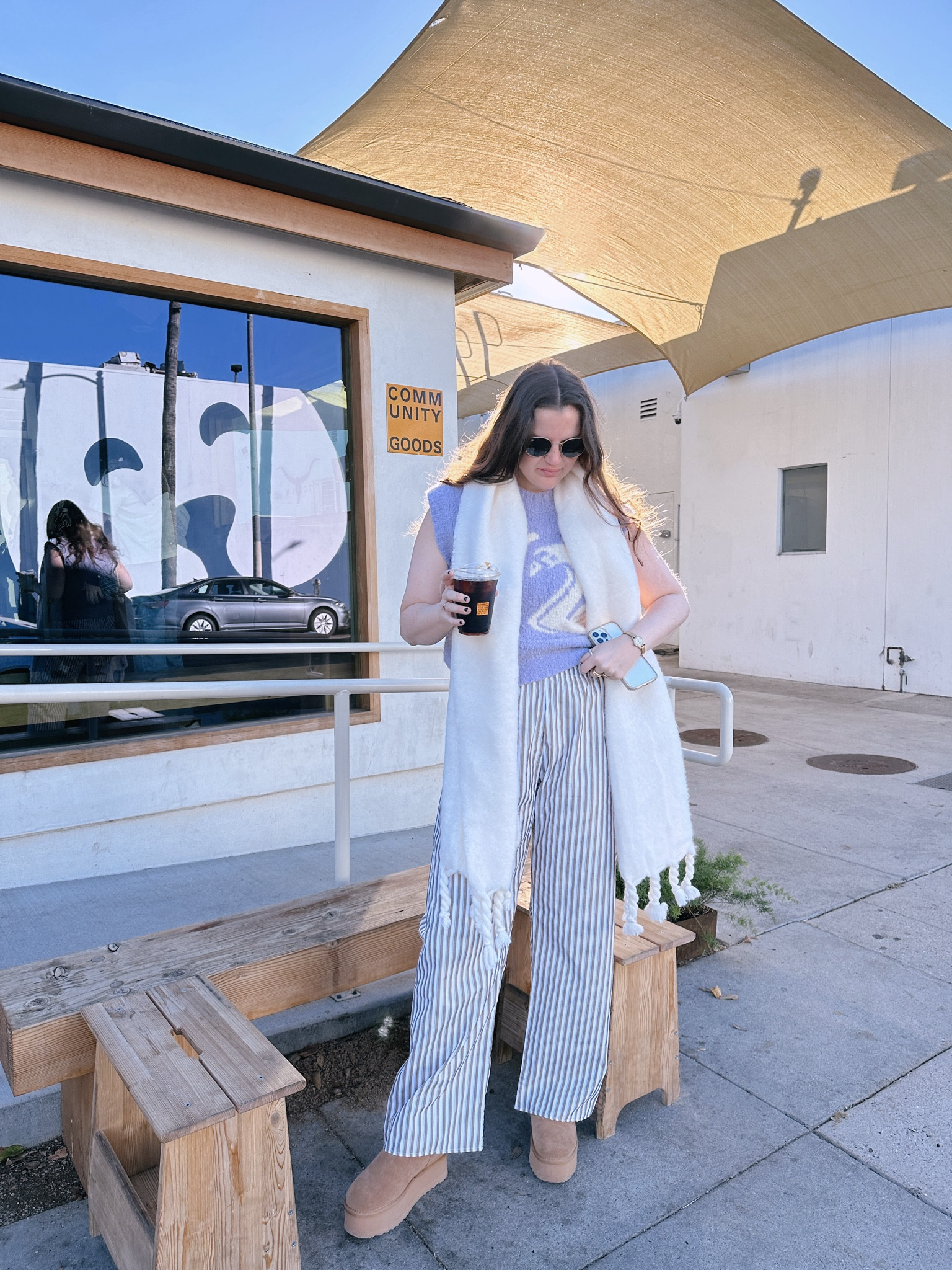 ASOS Reclaimed Vintage unisex pull on pants in brown stripe, striped pants, casual outfit, comfy clothes, budget friendly, affordable, Arthur Apparel purple Swan Heart Vest, rent the runway, clothing rental, fall / winter fashion, sweater vest, comfy shoes, casual outfit, rayban round sunglasses, gold jewelry from Amazon (hoop earrings, rings), harry styles canvas tote from etsy, Topshop Sky soft scarf in cream, Women's Classic Platform Mini Boots, Apple AirPods Max Wireless Over-Ear Headphones

#LTKfindsunder50 #LTKfindsunder100 #LTKstyletip