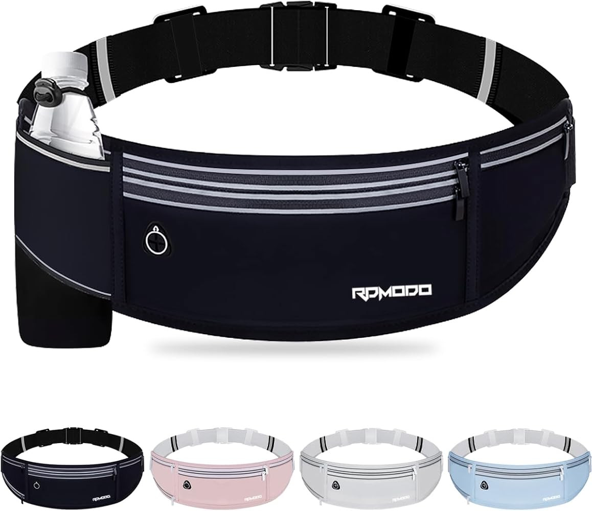 Slim Running Belt with Water Bottle Holder, Water Resistant Fanny Packs for Women Men，4 Pockets Running Phone Holder for Walking Cycling, Adjustable Waist Bag for iPhone 17 16 15 Samsung（Black） | Amazon (US)