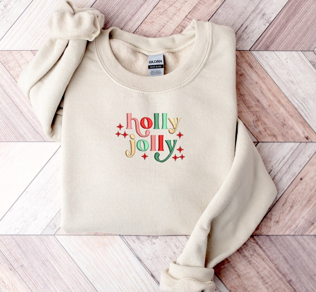 Holly Jolly Embroidered Sweatshirt Christmas Crewneck - Etsy | Etsy (US)