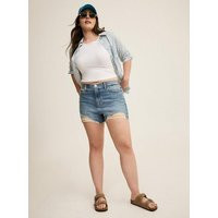High-Rise 3.5'' Destructed Denim Short in Mediumblue-Denim | Torrid (US & Canada)