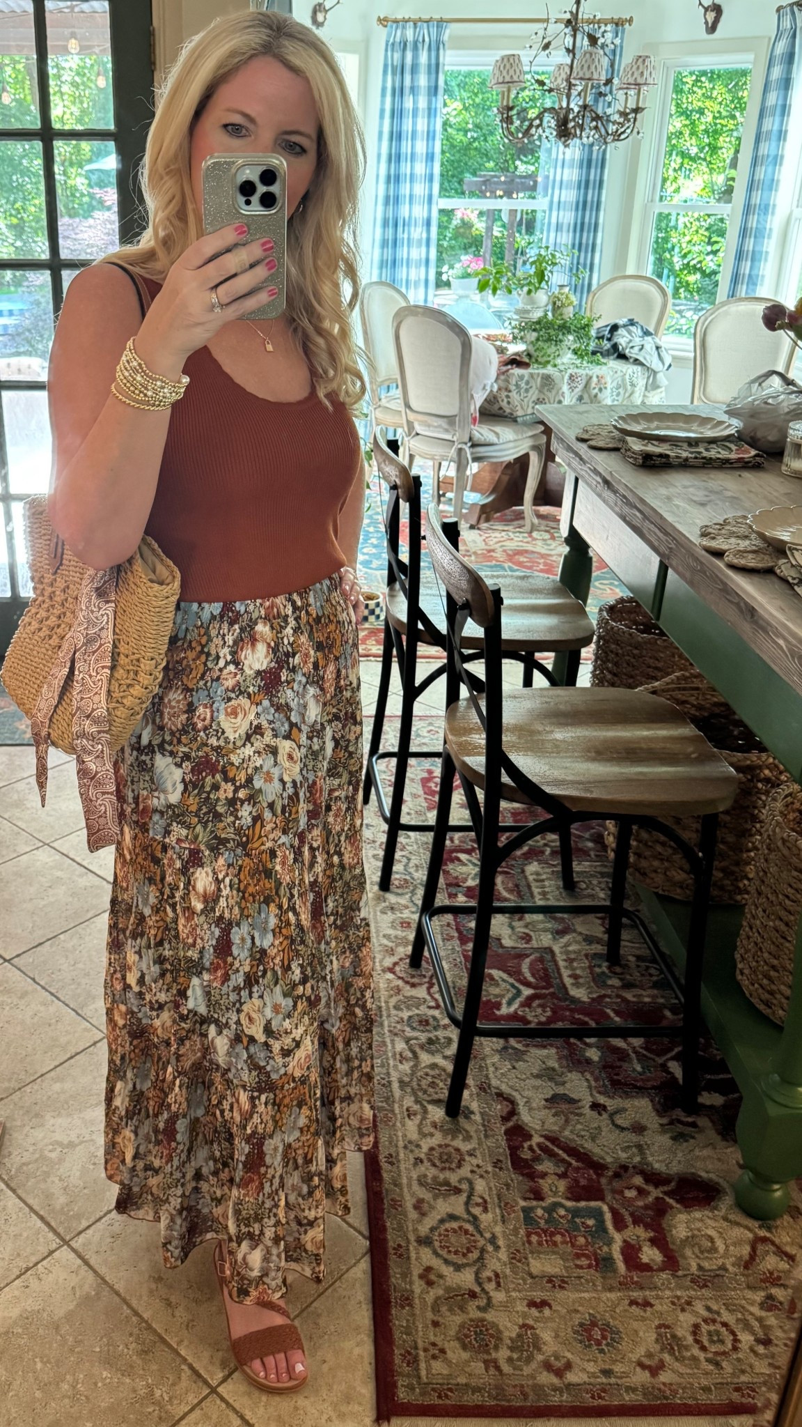 Head to toe cute and stylish Amazon outfit. The maxi chiffon skirt is so comfortable and the tank is ribbed with a tiny scallop neckline detail. Gold beaded bracelets, earrings, purse with silk scarf, the most comfortable brown braided sandal, gold layered necklacee

#LTKootd #LTKOver40 #LTKSaleAlert