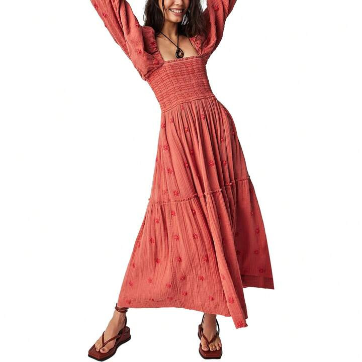 Women Floral Embroidered Maxi Dress Long Puff Sleeve Square Neck Bohemian Flowy Dress With Pocket... | SHEIN