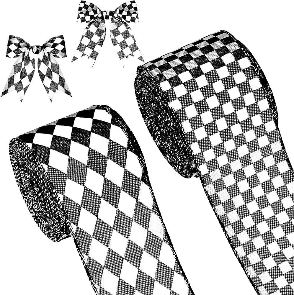 2 Rolls/ 20 Yards Black and White Checkered Ribbons Buffalo Plaid Wired Edge Ribbon Diamond Check... | Amazon (US)