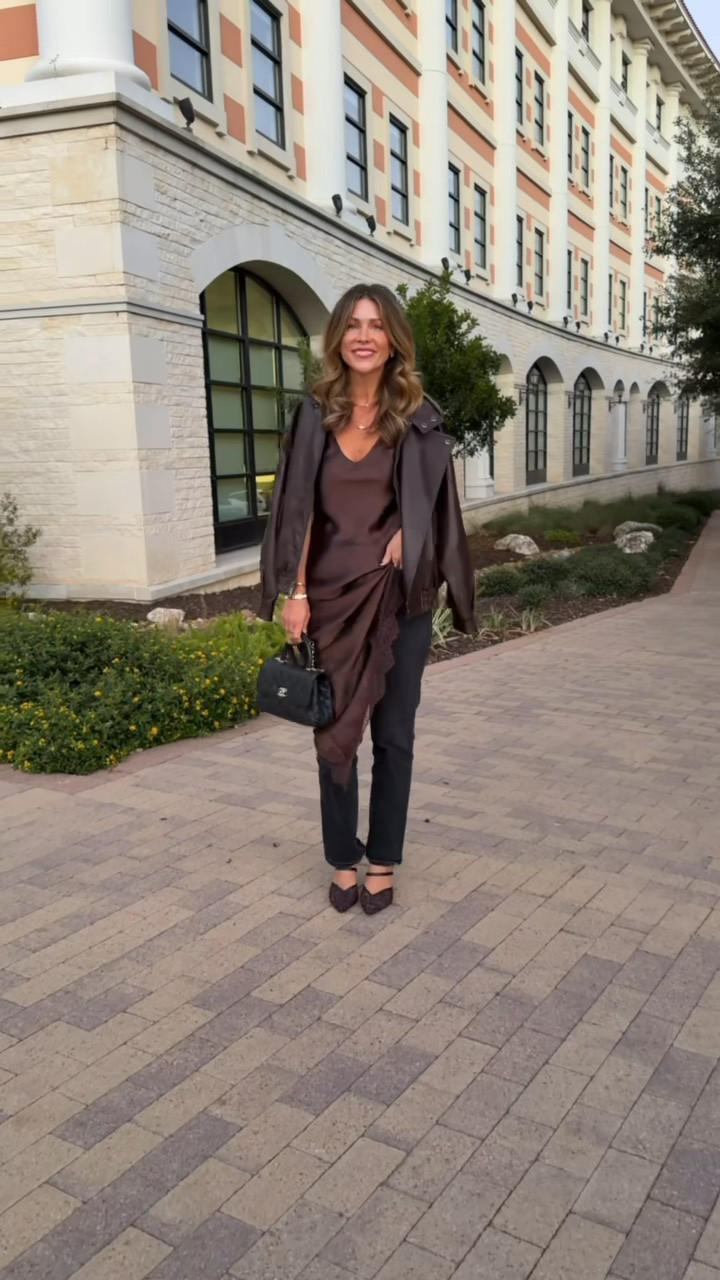 Tonight’s dinner outfit! 

Zara dress size XS 
Agolde jeans size 25
Target shoes run tts 
Abercrombie jacket size small

🔍: Zara satin dress, Abercrombie vegan leather jacket, leopard heels, Chanel purse, agolde jeans, electric picks jewelry, date night, dinner outfit, petite style, moms over 40 style, Texas content creator 

#LTKPetite #LTKStyleTip #LTKOver40