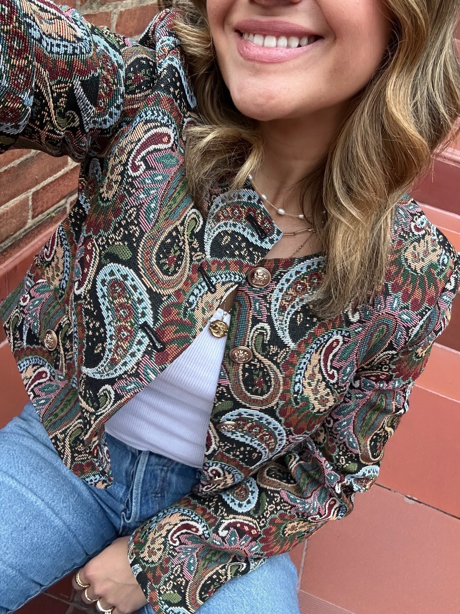 The prettiest jacket from the NSALE! 
Jacket size xs
Jeans size 25
Top size xs
