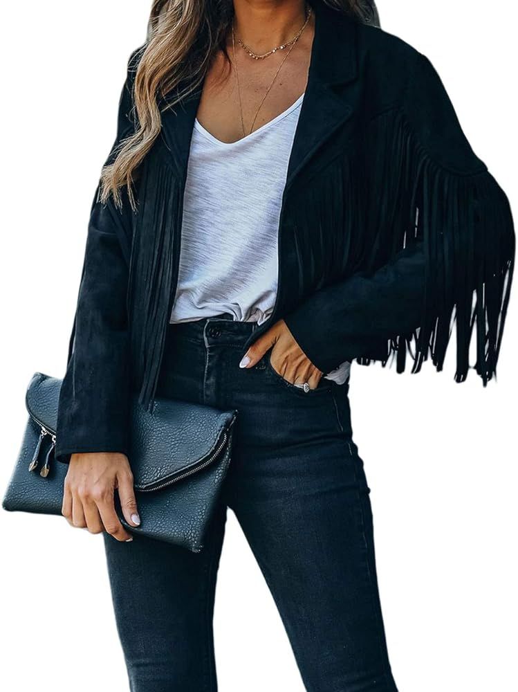 CHARTOU Women's Chic Cropped Tassel Fringe Faux Suede Moto Jacket (Medium,Black) at Amazon Women'... | Amazon (US)