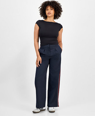 Women's Side-Stripe Pleated Wide-Leg Pants, Macy's Exclusive | Macy's