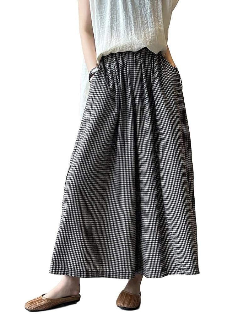 Lavnis Women's Cotton Linen Pants Elastic Waist Gingham Casual Wide Leg Palazzo Pants with Pocket... | Amazon (US)
