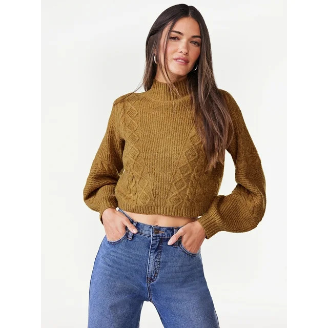 Scoop Women's Crop Cable Pullover Sweater with Long Sculpted Sleeves, Sizes XS-XXL | Walmart (US)
