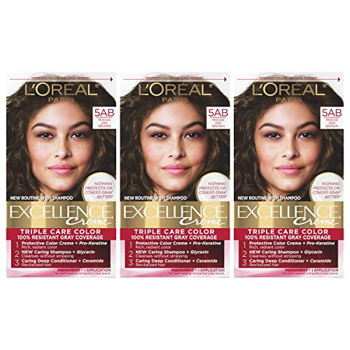 L'Oreal Paris Excellence Creme Permanent Hair Color, 5AB Mocha Ash Brown, 100 percent Gray Coverage Hair Dye, Pack of 3 | Amazon (US)