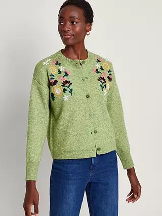 Monsoon Fay Floral Embroidered Cardigan, Green | John Lewis (UK)