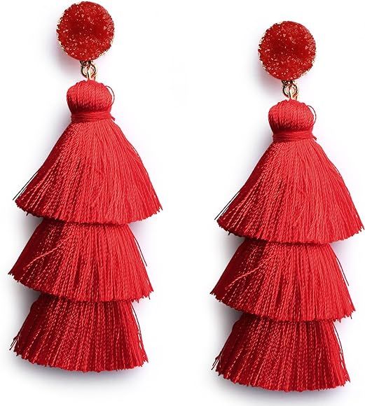 Colorful Layered Fashion Tassel Earrings Bohemian 3 Tier Fringe Statement Big Dangle Drop Earring... | Amazon (US)