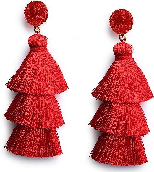 Me&Hz Colorful Layered Fashion Tassel Earrings Bohemian 3 Tier Fringe Statement Big Dangle Drop E... | Amazon (US)