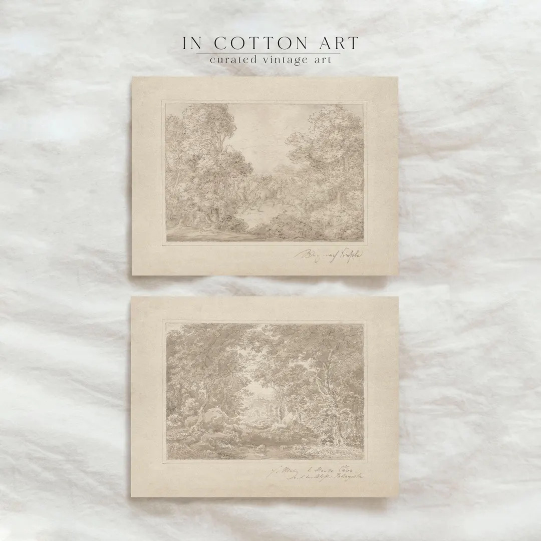 Vintage Neutral Landscape Sketch SET of Two / Antique Forest Drawing PRINTABLE / Beige Gallery Ar... | Etsy (US)