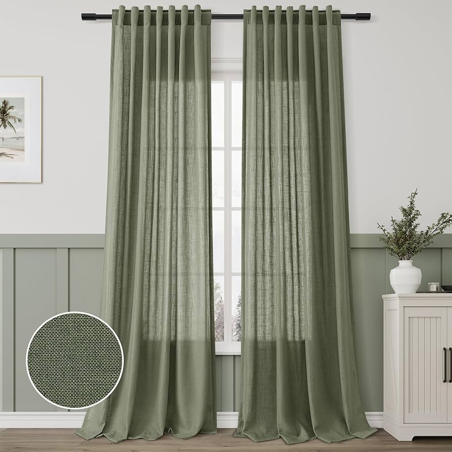 Linen Blend Green Curtains 92 inches Long 2 Panels for Living Room Back Tab Pocket Light Filterin... | Amazon (US)