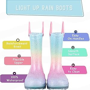 EUXTERPA Girls Glitter Light Up Waterproof Rain Boots Toddler Kids Rainbow Boots with Easy On Han... | Amazon (US)