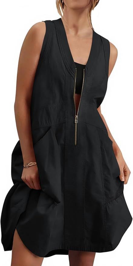 Fisoew Women's Sleeveless Tank Mini Dress Casual Half Zip V Neck Loose Mesh Back Utility Summer D... | Amazon (US)