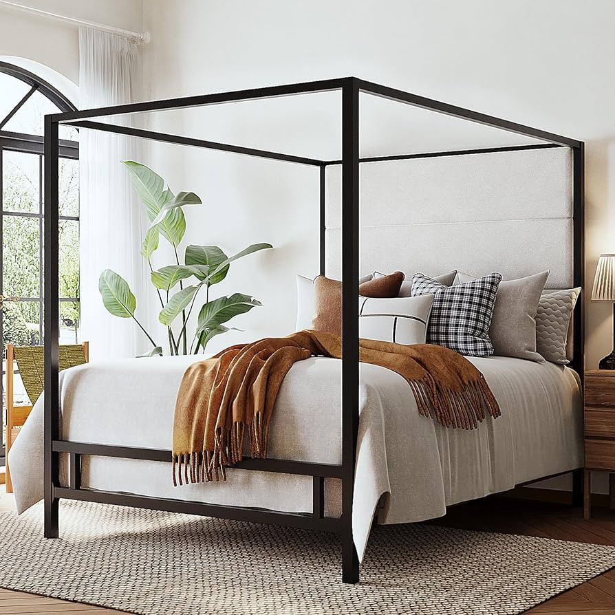 Merax King Size Metal Canopy Bed Frame, Modern Tall Upholstered Velvet Headboard, Black 4-Poster ... | Amazon (US)