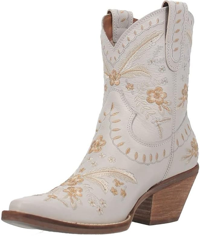 Dingo Womens Primrose Embroidered Floral Snip Toe Boots Ankle Low Heel 1-2" - White | Amazon (US)
