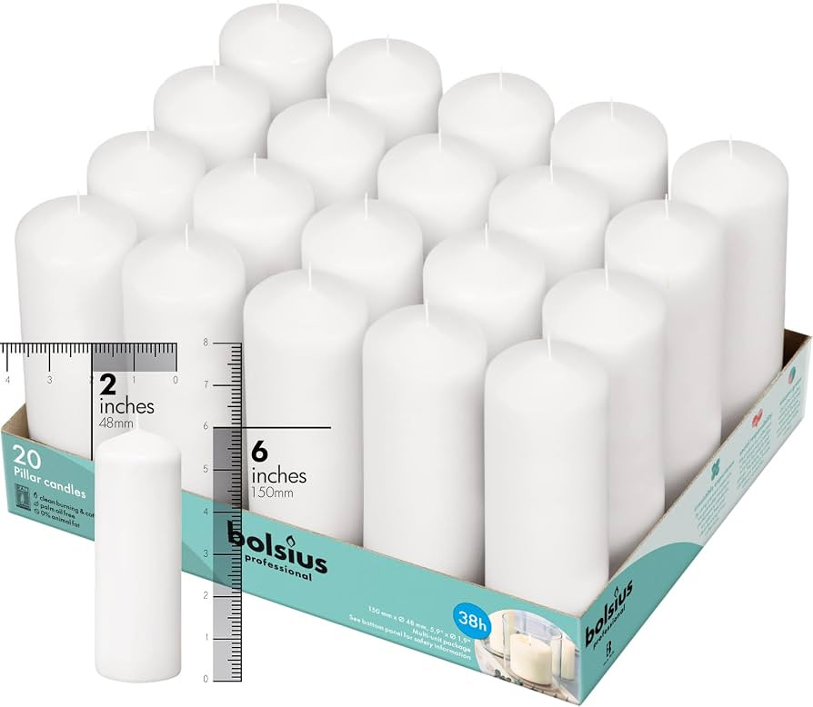 Bolsius White Pillar Candles \u2013 2x6 Unscented Candle Set of 20 \u2013 Dripless, Smokeless, an... | Amazon (US)