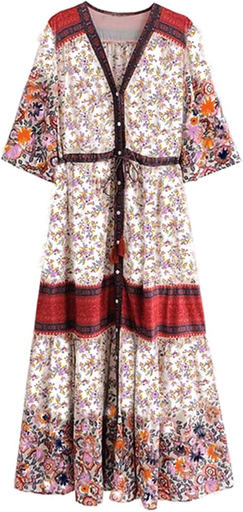 R.Vivimos Women Summer Cotton V Neck Buttons Floral Print Drawstring Bohemian Maxi Dresses | Amazon (US)