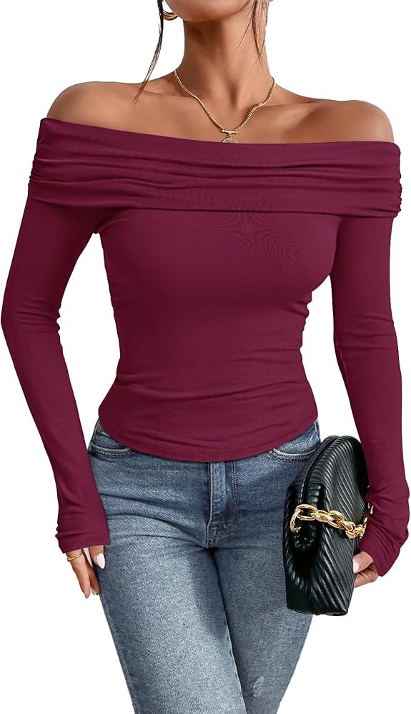 Women's Sexy Off Shoulder Tops Dressy Casual Slim Fit Long Sleeves Spring Fall Blouse Going Out N... | Amazon (US)