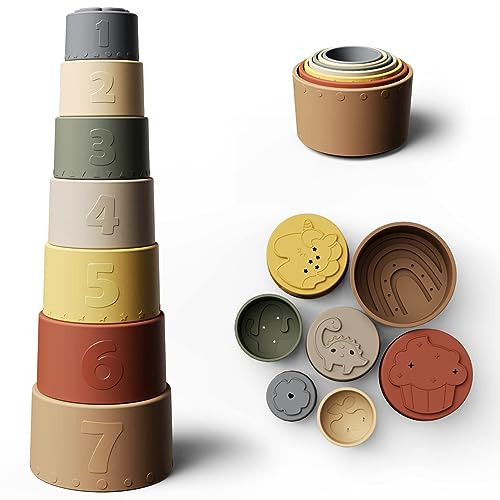 Moonkie Stacking Cups Toy, Fun Educational Baby Toys Silicone Soft Teething Toy, Age 6+ Months, 7 Piece Set | Amazon (US)