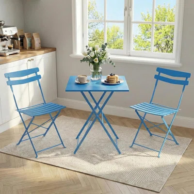 3 Piece Foldable Patio Bistro Set, Outdoor/Indoor Metal Table and Chairs Furniture, Compact Square Table with 2 Folding Chairs for Balcony, Porch, Gar | Wayfair North America