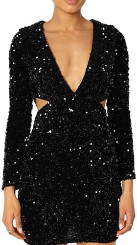 R.Vivimos Womens Glitter Sequin Party Dresses Fall Winter Long Sleeve Sexy Deep V Neck Cut Out Sp... | Amazon (US)
