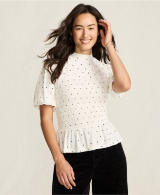 Lands' End Women's Bubble Sleeve Silky Knit Smocked Mock Neck Top - Ivory/black dot | Macy's