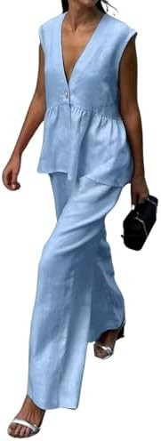 Womens Two Piece Set Sleeveless V Neck Peplum Vest Wide Leg Pant Suits Dressy Casual Summer Vacat... | Amazon (US)