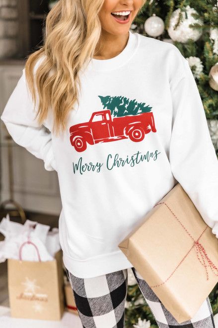 Trucking Along This Christmas White Graphic Sweatshirt | The Pink Lily Boutique