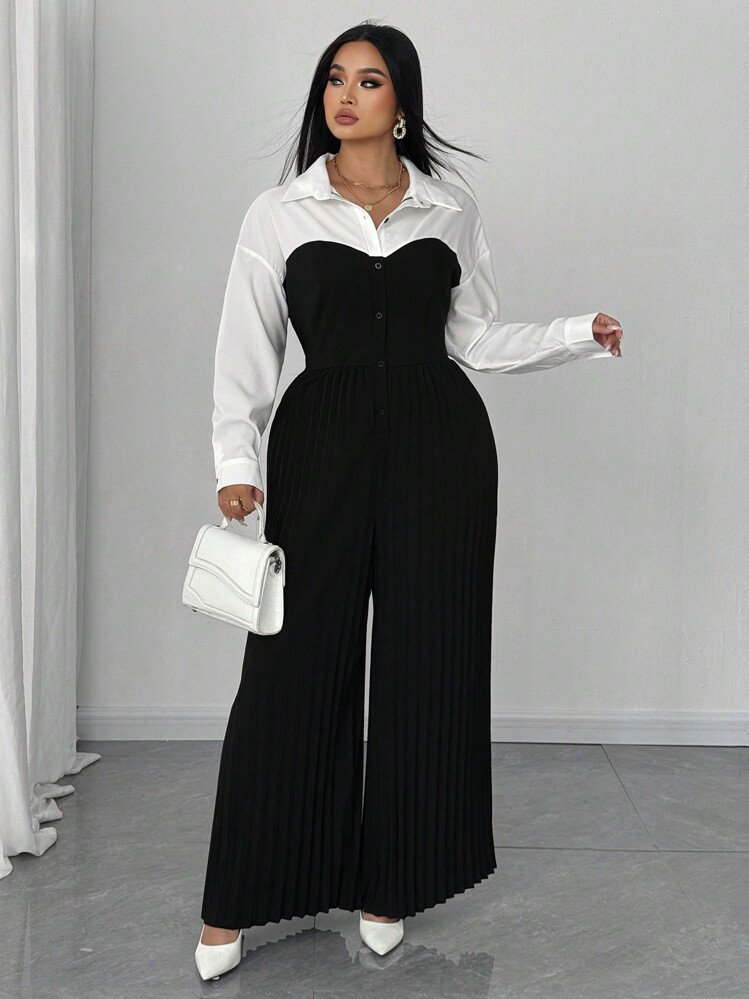 Celure Plus Size Solid Color Button-Front Long Sleeve Jumpsuit, Casual & Simple | SHEIN