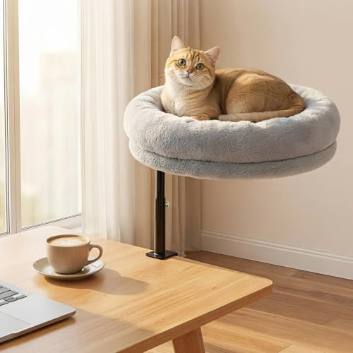 Sunhoo Cat Desk Bed 360° Rotating Height Adjustable Desktop Mount Hammock Kitten Perch Easy Setup Kitty Nest Table Clamp-on Attachment for Indoor Cats Washable 17" Diameter Hold Up to 40lbs（Grey） | Amazon (US)