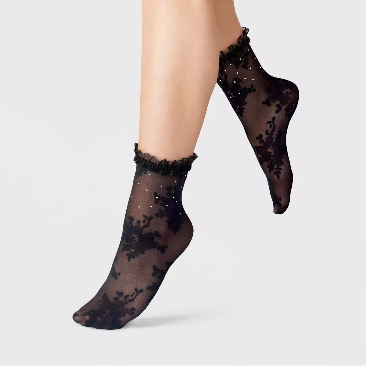 Women's Jewel Floral Sheer Anklet Socks with Ruffle - A New Day™ Black One Size Fits Most | Target