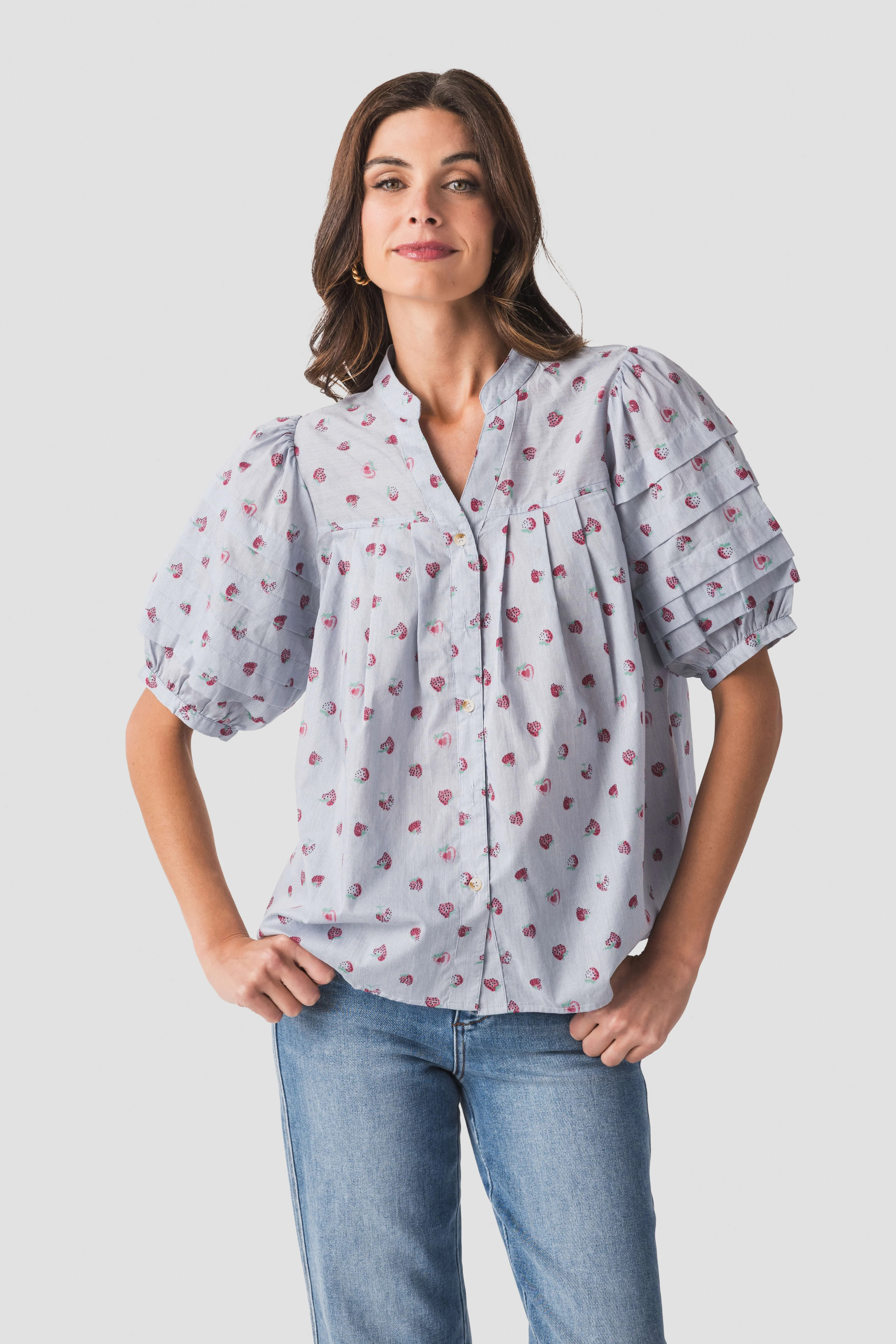 Fate Strawberry Pinstripe Splitneck Top | Social Threads