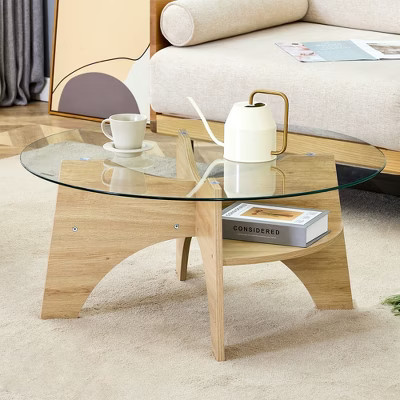 KTMBDW Round Glass Coffee Table, 31.5" Coffee Table with Tempered Glass Top and Wood Open Shelf, Modern Circle Coffee Table for Living Room, Natural | Target